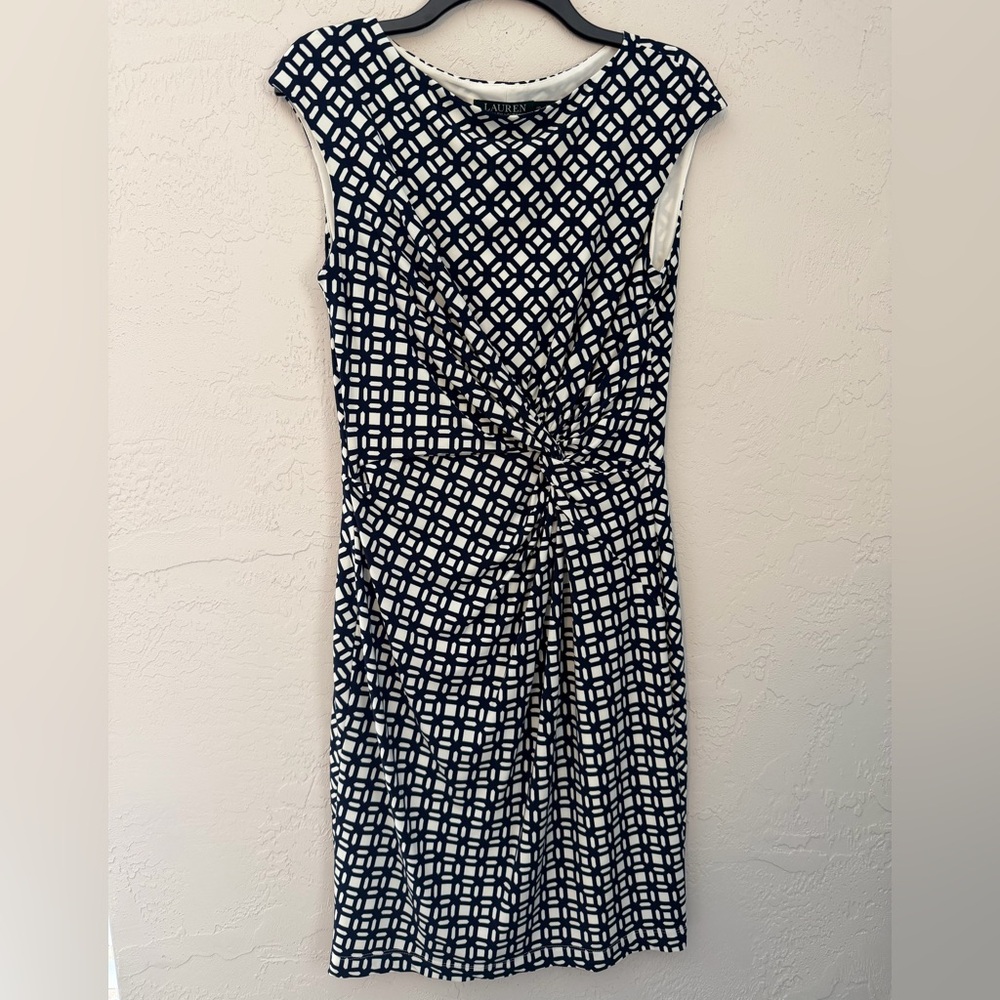 Ralph Lauren Navy and White Geometric Twist-Front Midi Dress
